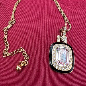 VTG Hollywood Regency Style Crystal Pendant Black Enamel Gold-Tone Chain